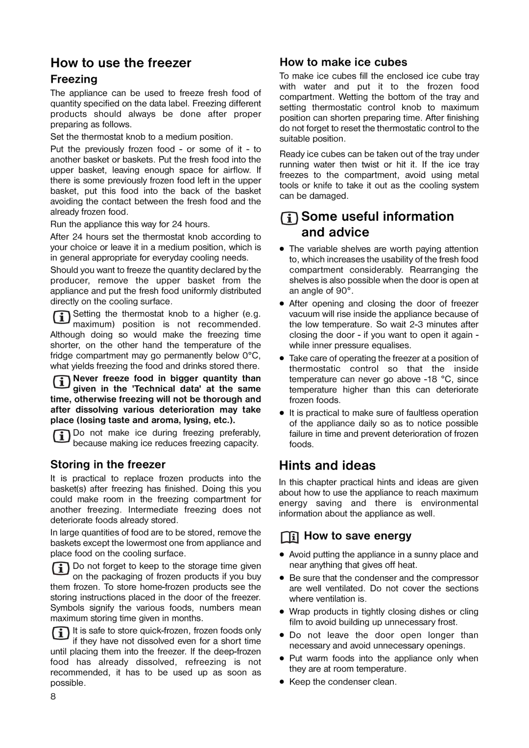 Zanussi ZERB 8643 manual How to use the freezer, Some useful information and advice, Hints and ideas 