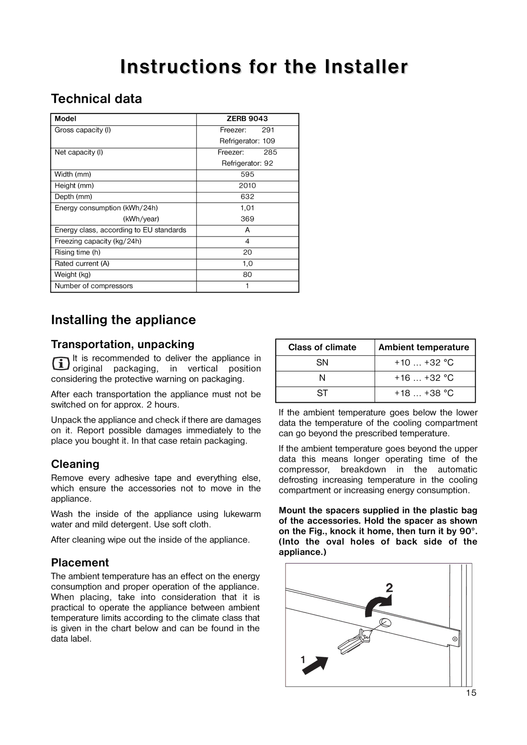 Zanussi ZERB 9043 manual Instructions for the Installer, Technical data, Installing the appliance 