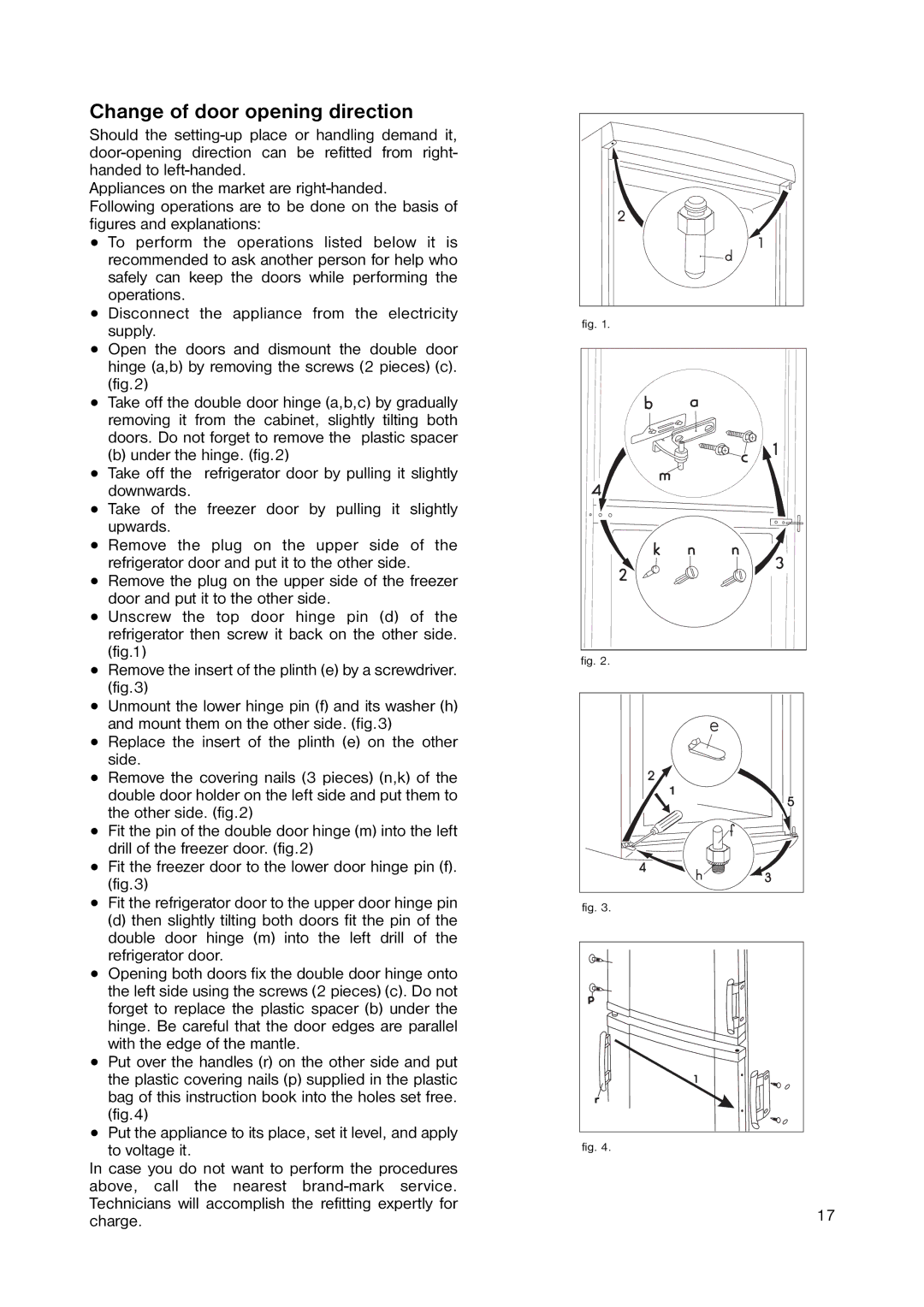 Zanussi ZERB 9043 manual Change of door opening direction 