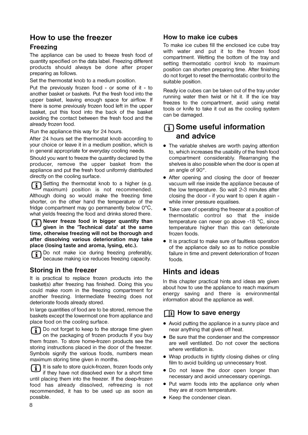 Zanussi ZERB 9043 manual How to use the freezer, Some useful information and advice, Hints and ideas 