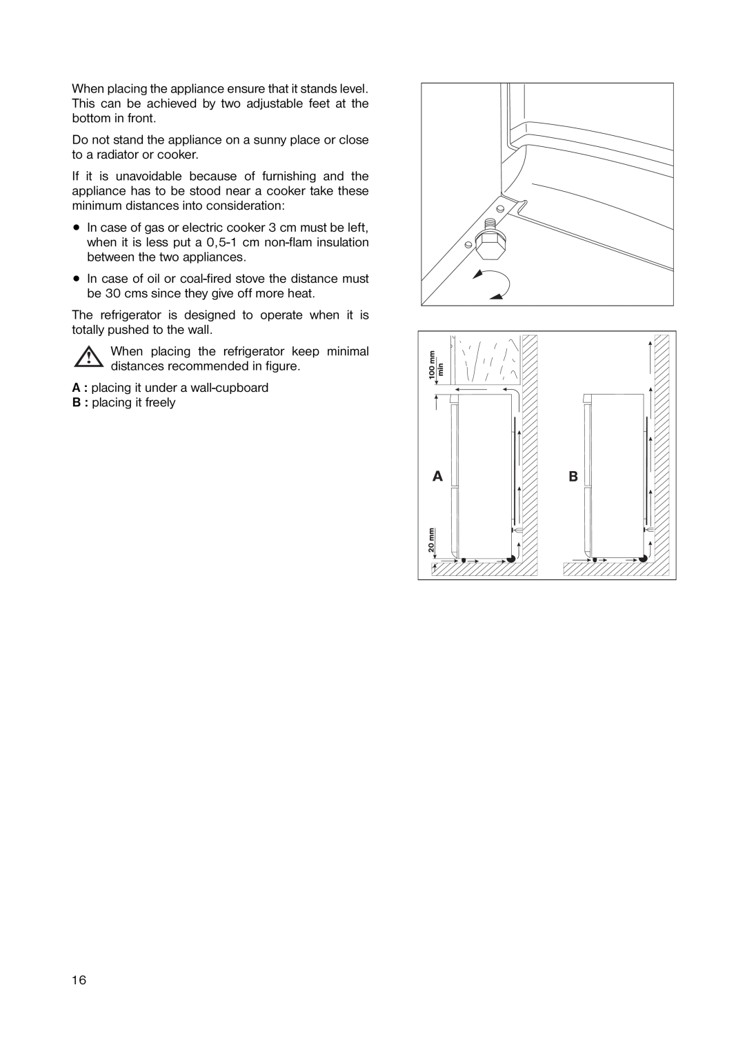 Zanussi ZERB 9043 manual A : placing it under a wall-cupboard, B placing it freely 