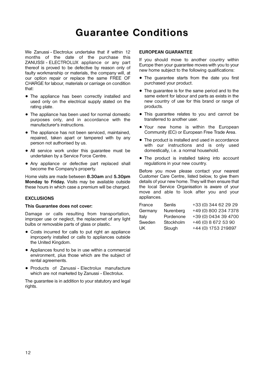 Zanussi ZERC 0750 manual Guarantee Conditions, This Guarantee does not cover 