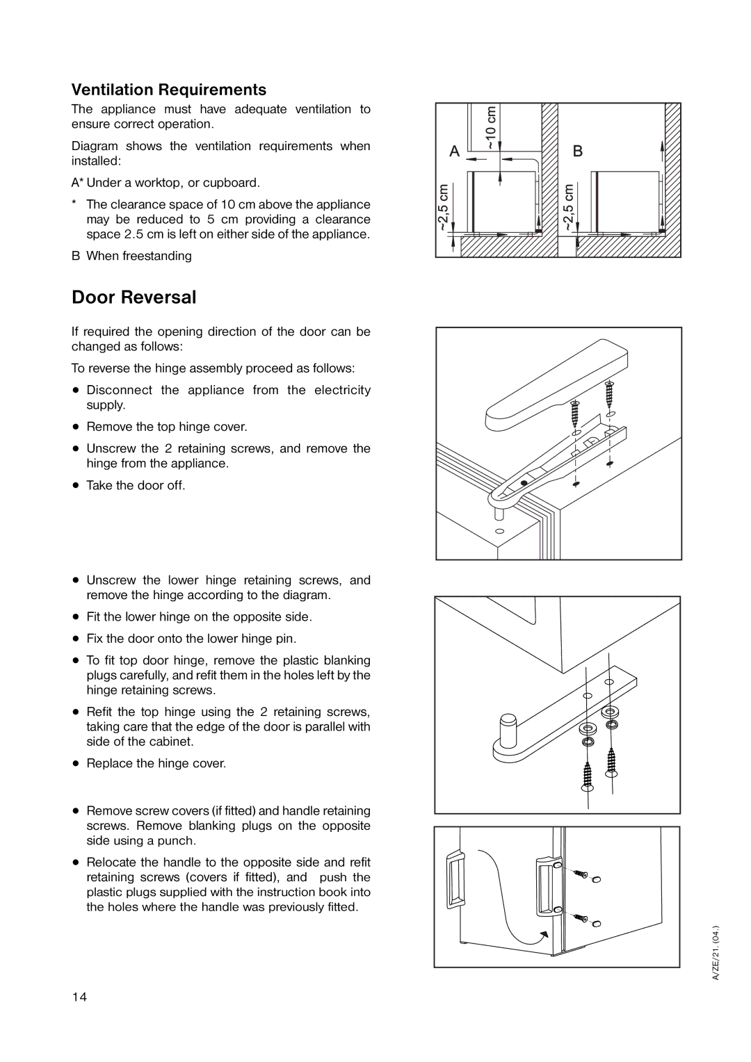 Zanussi ZERC 0750 manual Door Reversal, Ventilation Requirements, When freestanding 