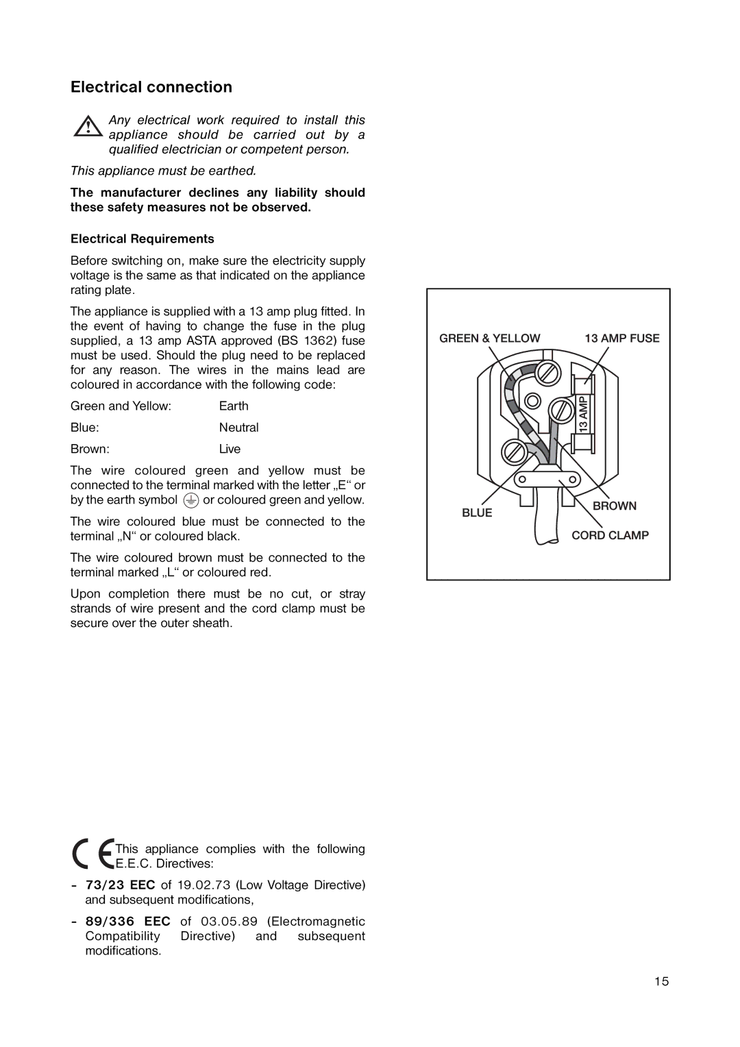 Zanussi ZERC 0750 manual Electrical connection, Green and Yellow, BlueNeutral BrownLive 