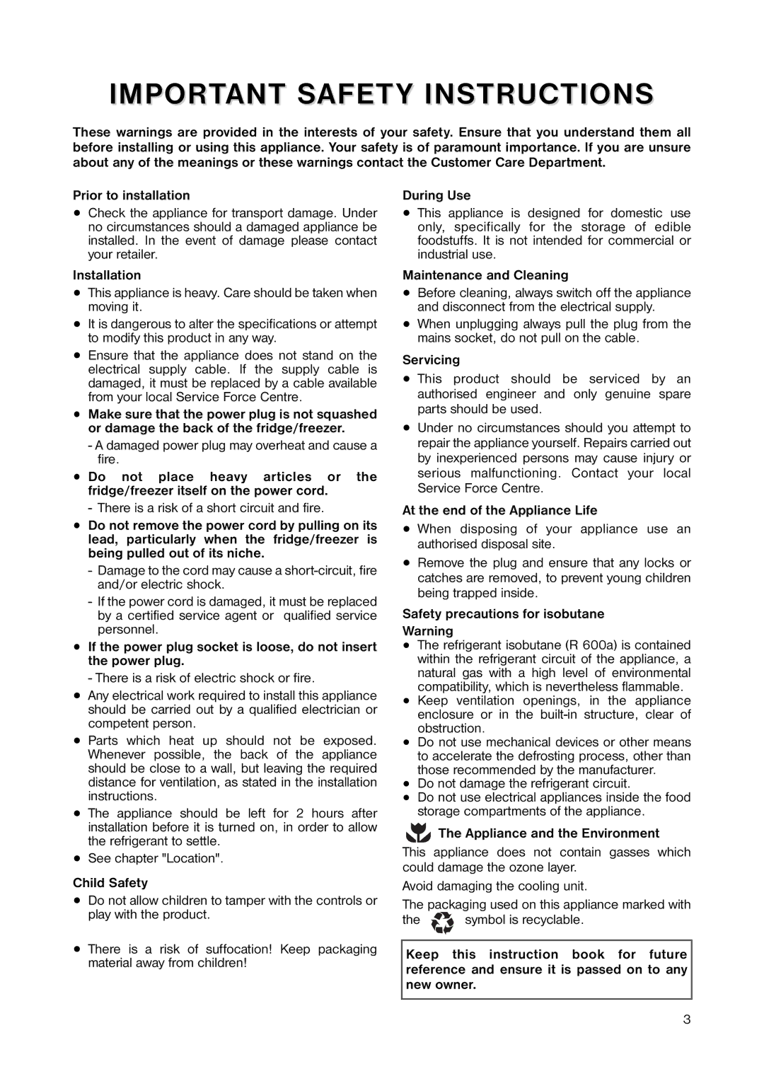 Zanussi ZERC 0750 manual Prior to installation, Installation, Maintenance and Cleaning, Child Safety, Servicing 