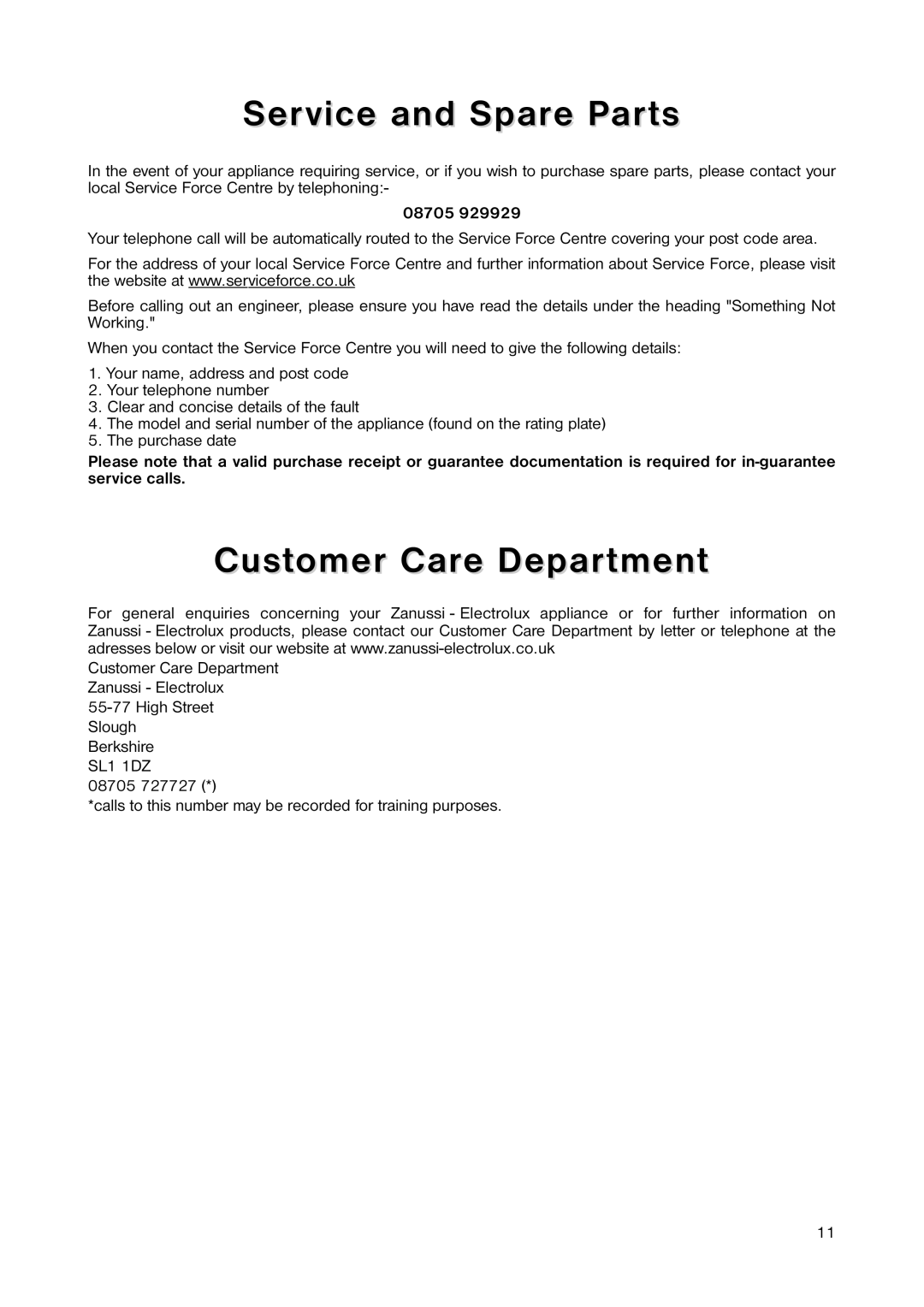 Zanussi ZERC 0750 manual Service and Spare Parts, Customer Care Department, 08705 