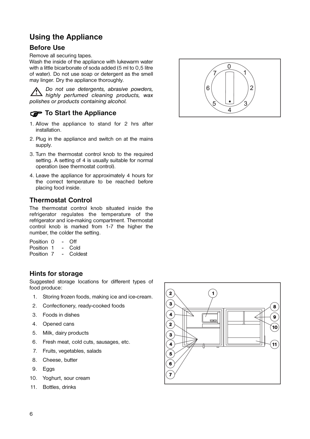 Zanussi ZERC 0750 manual Using the Appliance, Before Use, To Start the Appliance, Thermostat Control, Hints for storage 
