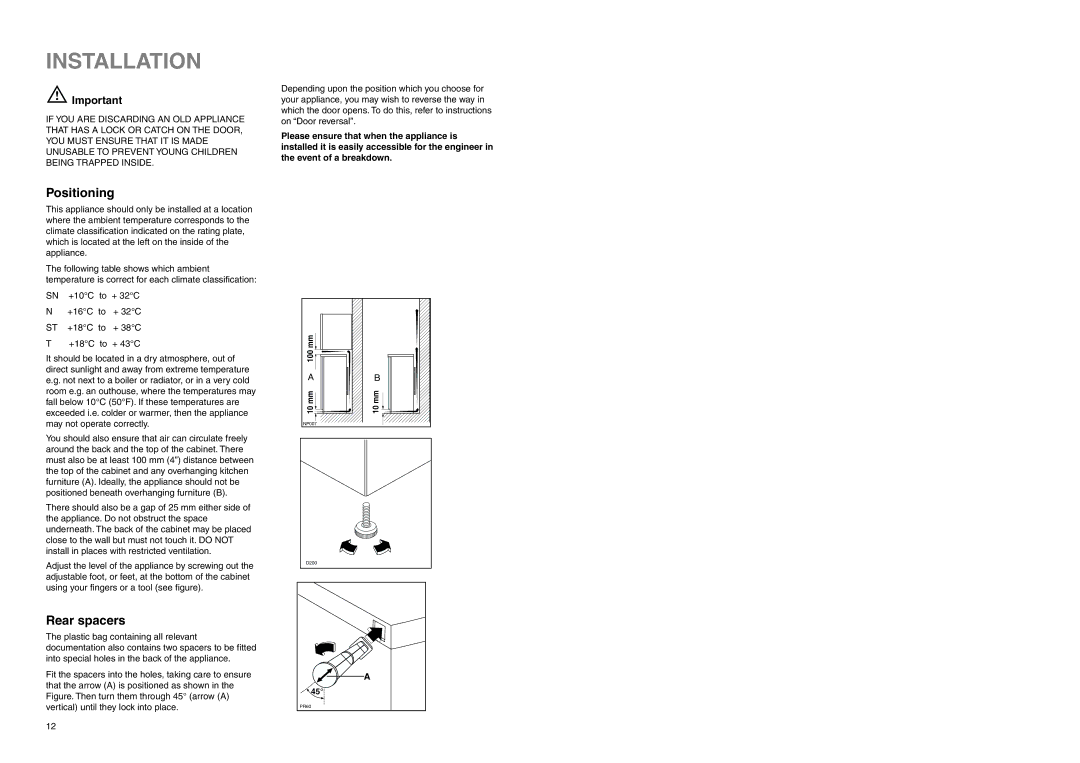 Zanussi ZERC 2425 manual Installation, Positioning, Rear spacers 