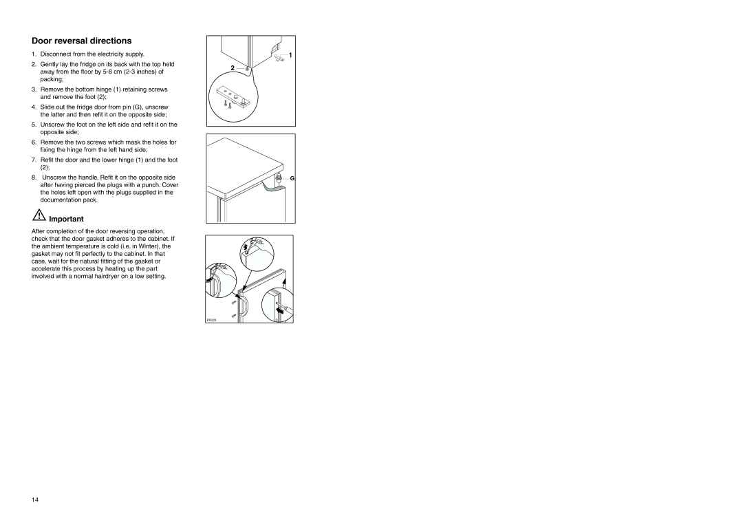 Zanussi ZERC 2425 manual Door reversal directions 