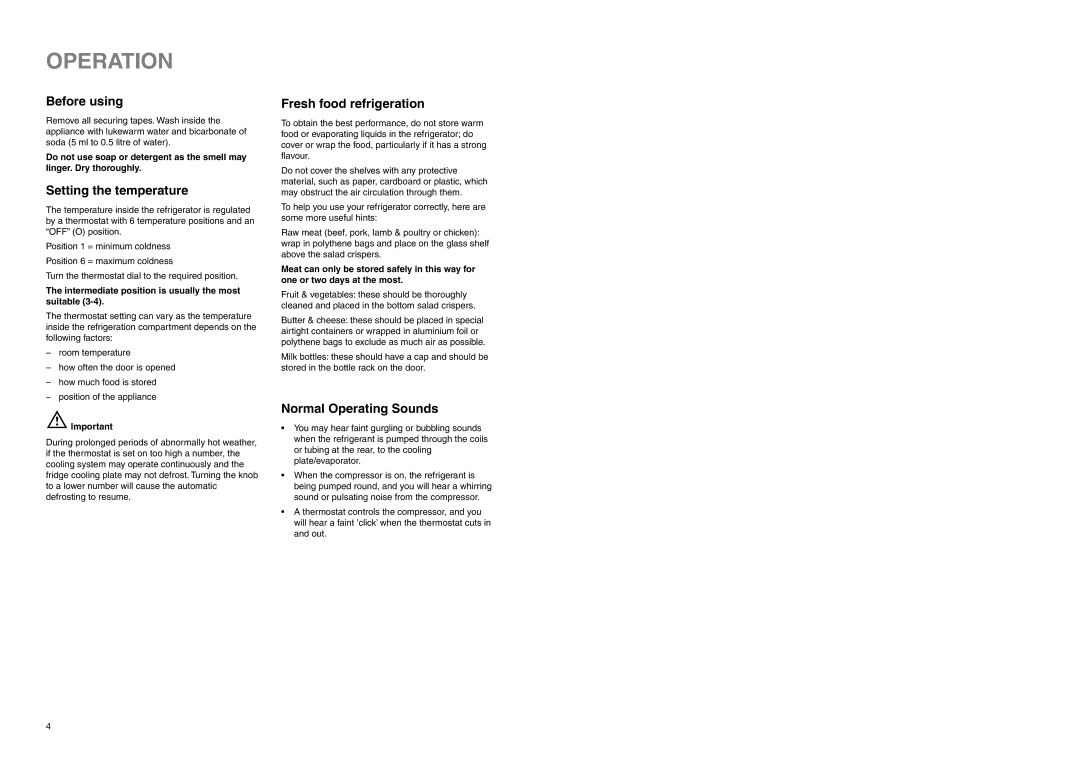 Zanussi ZERC 2425 Operation, Before using, Setting the temperature, Fresh food refrigeration, Normal Operating Sounds 
