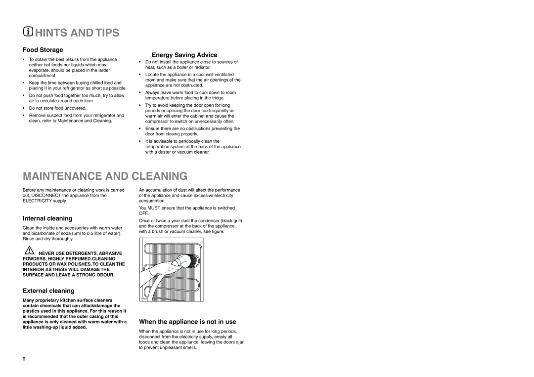 Zanussi ZERC 2425 manual Hints and Tips, Maintenance and Cleaning 