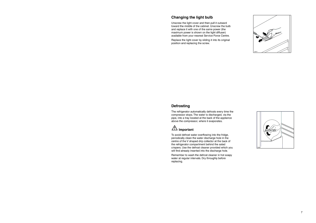 Zanussi ZERC 2425 manual Changing the light bulb, Defrosting 