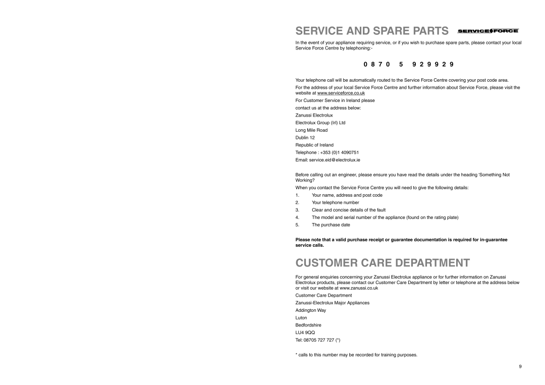 Zanussi ZERC 2425 manual Service and Spare Parts, Customer Care Department 