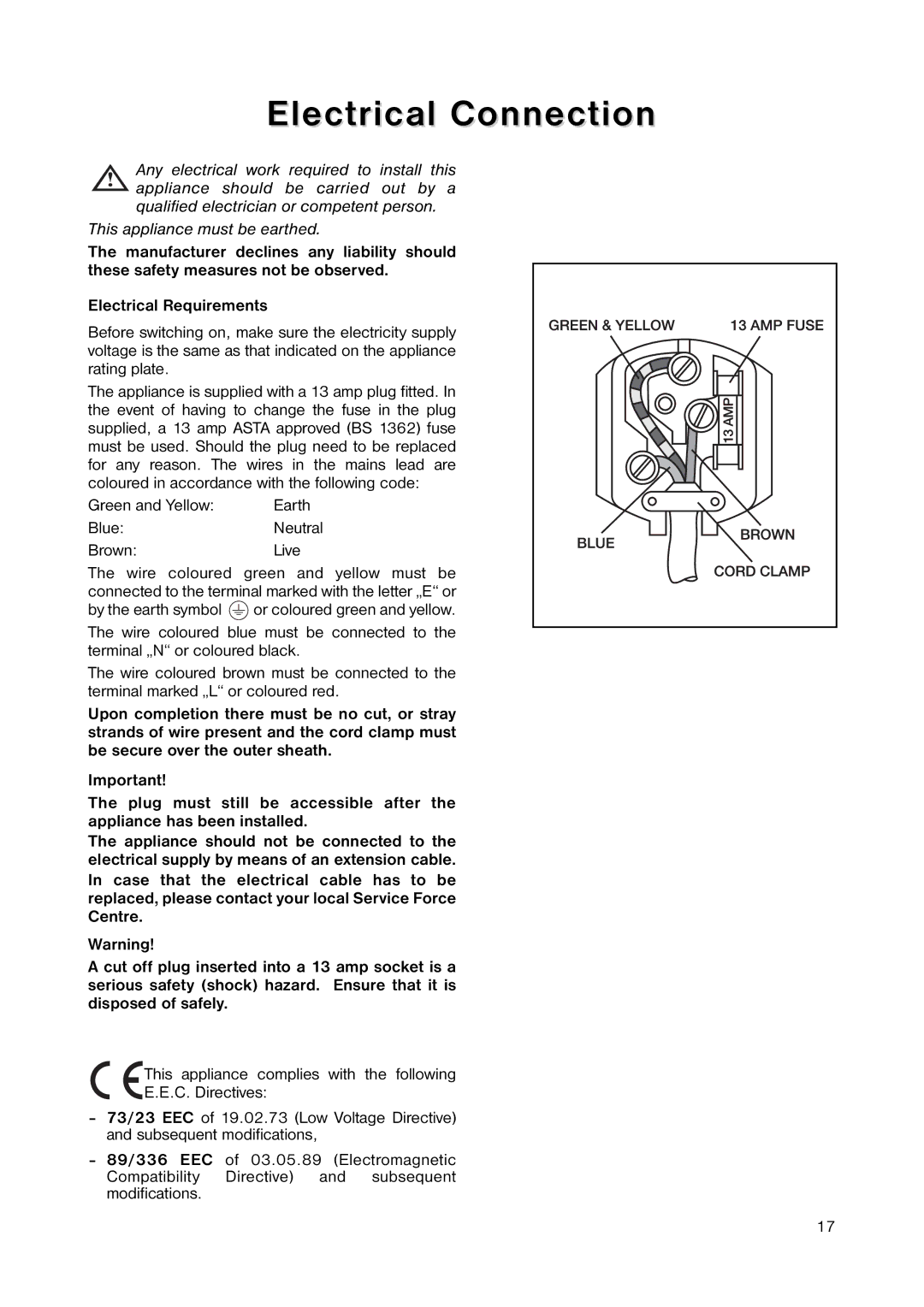 Zanussi ZERT 6546 manual Electrical Connection, Green and Yellow, BlueNeutral BrownLive 