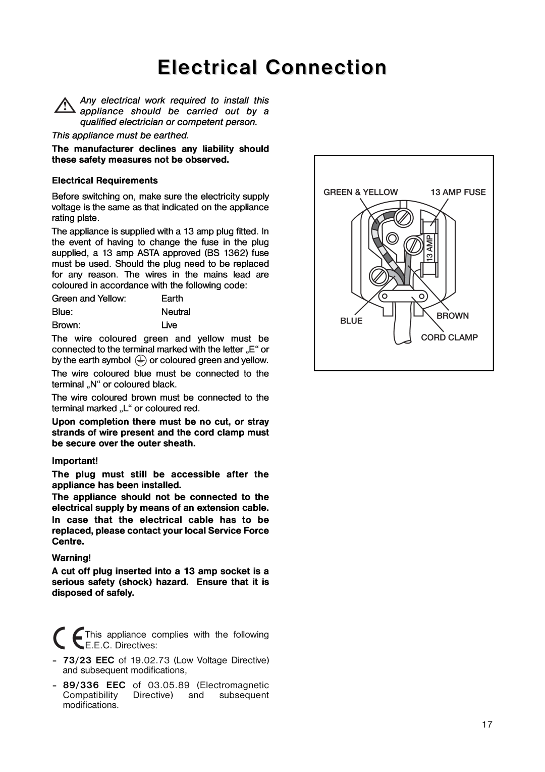 Zanussi ZERT 6546 manual Electrical Connection, This appliance must be earthed 