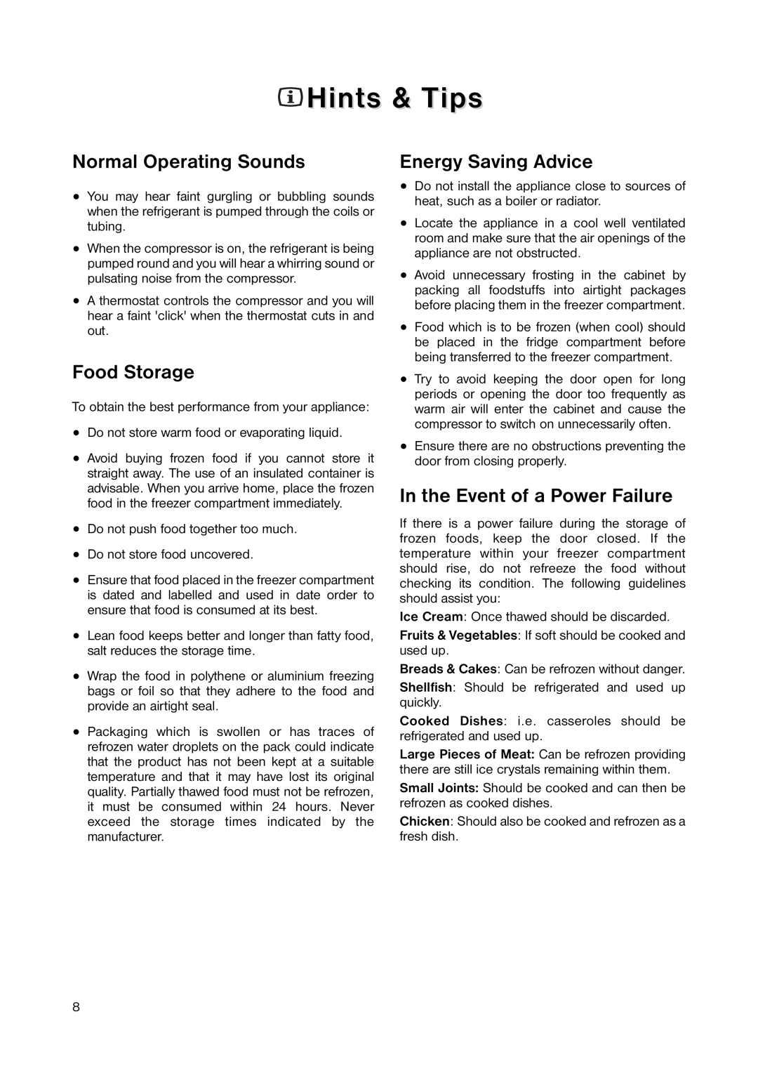 Zanussi ZERT 6546 manual Hints & Tips, Normal Operating Sounds, Food Storage, Energy Saving Advice 