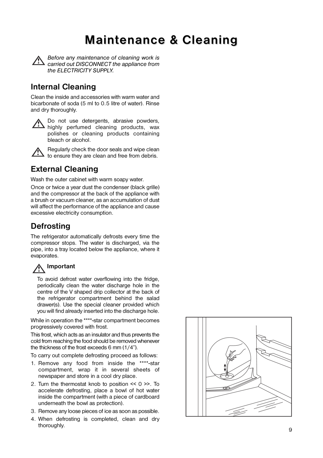 Zanussi ZERT 6546 manual Maintenance & Cleaning, Internal Cleaning, External Cleaning, Defrosting 