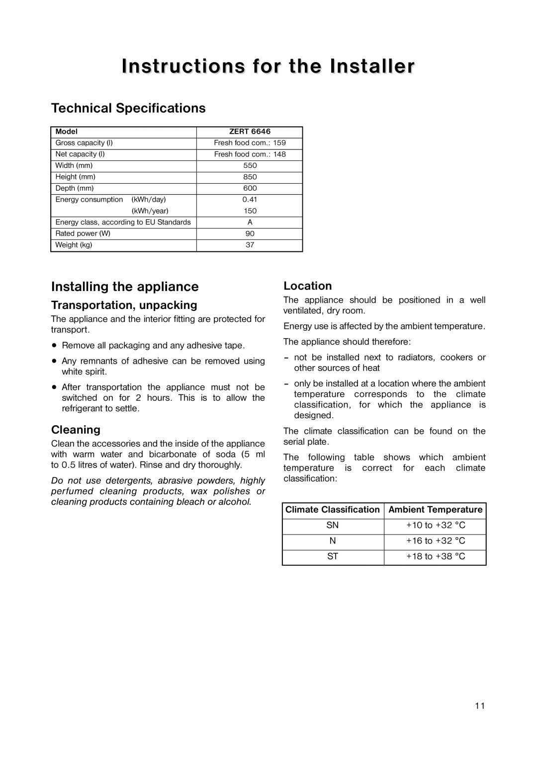 Zanussi ZERT 6646 manual Instructions for the Installer, Technical Specifications, Installing the appliance 