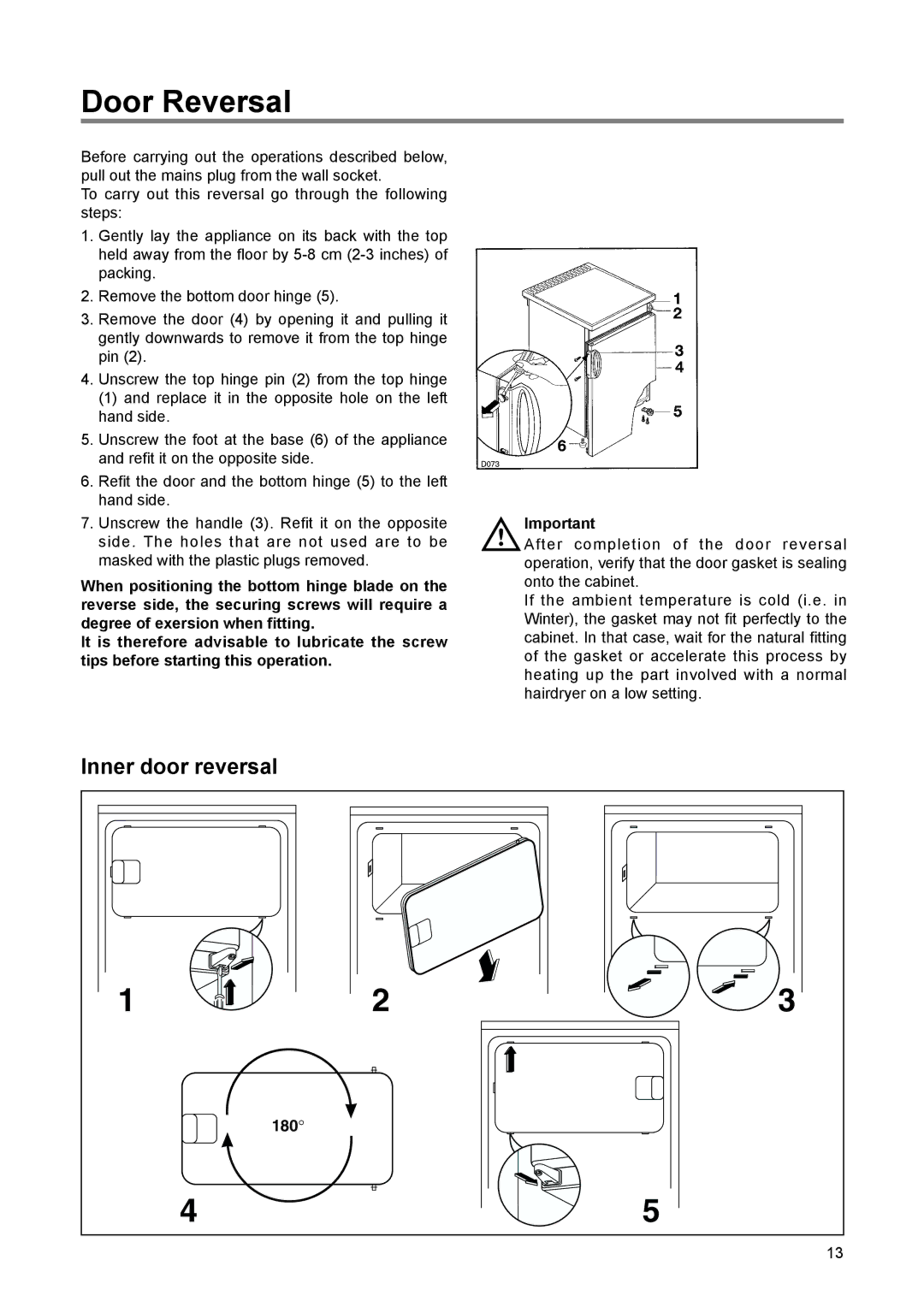 Zanussi ZRT 1675, ZERT 6675 manual Door Reversal, Inner door reversal 