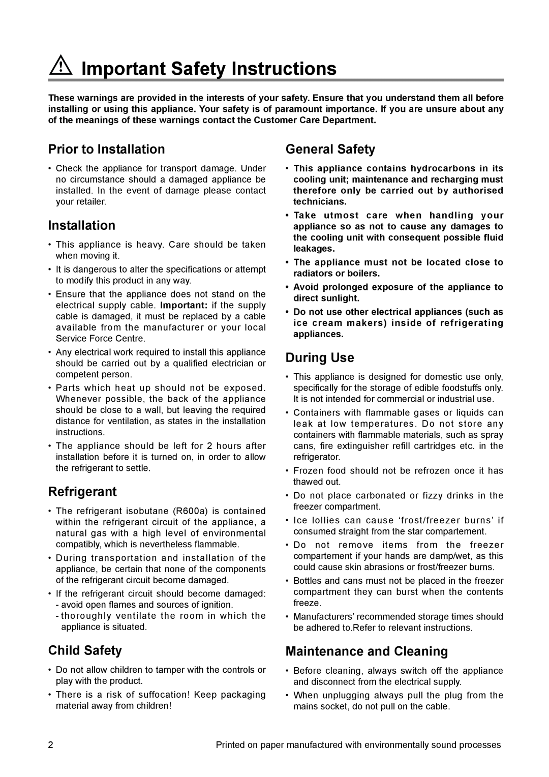 Zanussi ZERT 6675, ZRT 1675 Important Safety Instructions, Prior to Installation, Refrigerant, General Safety, During Use 