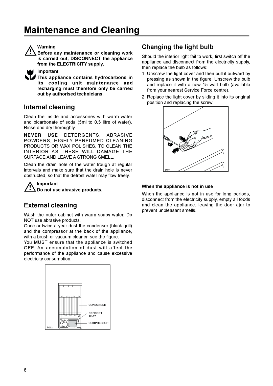 Zanussi ZERT 6675, ZRT 1675 manual Maintenance and Cleaning, Internal cleaning, External cleaning, Changing the light bulb 