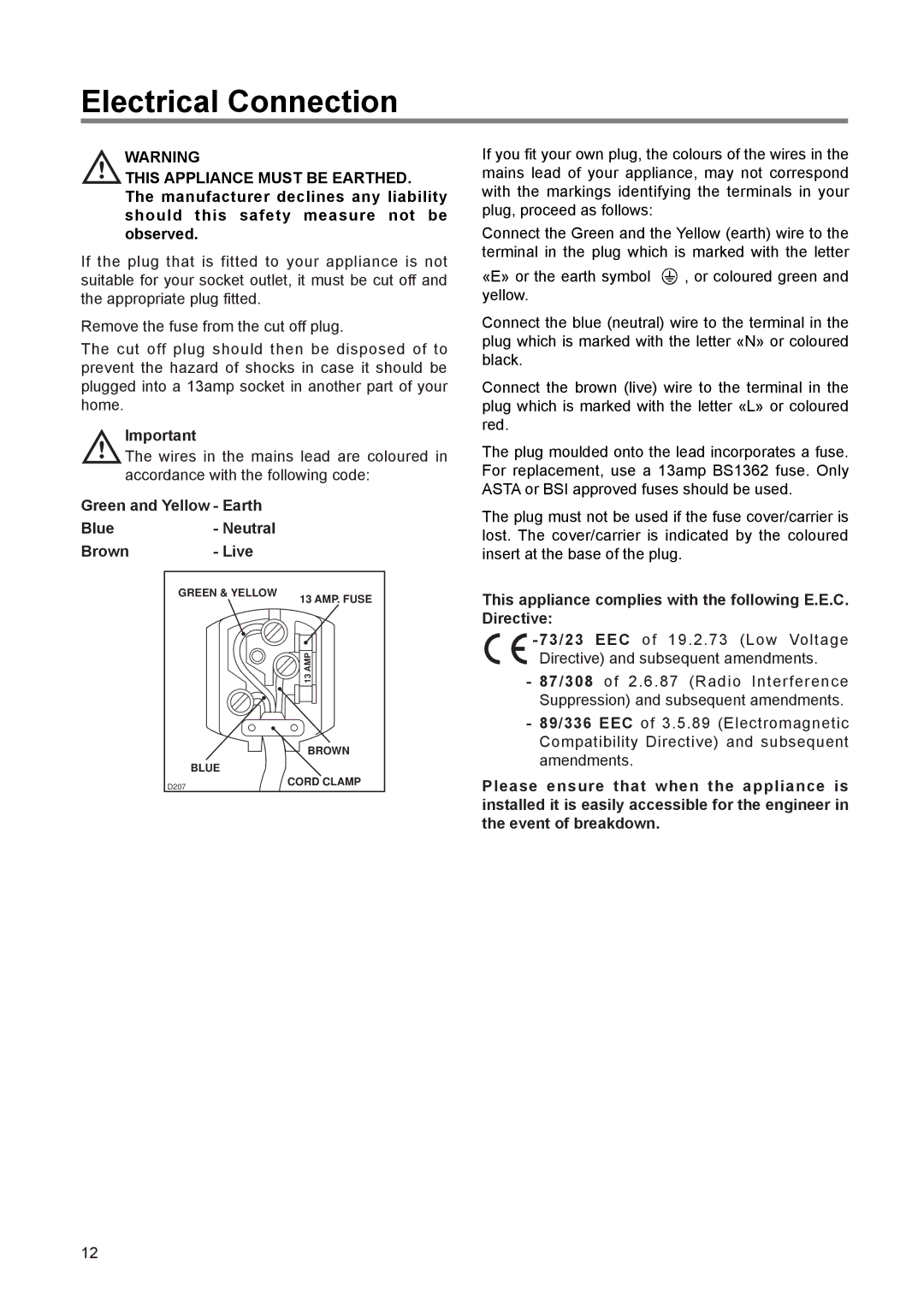 Zanussi ZERT 6775 manual Electrical Connection, Green and Yellow Earth Blue- Neutral Brown Live 