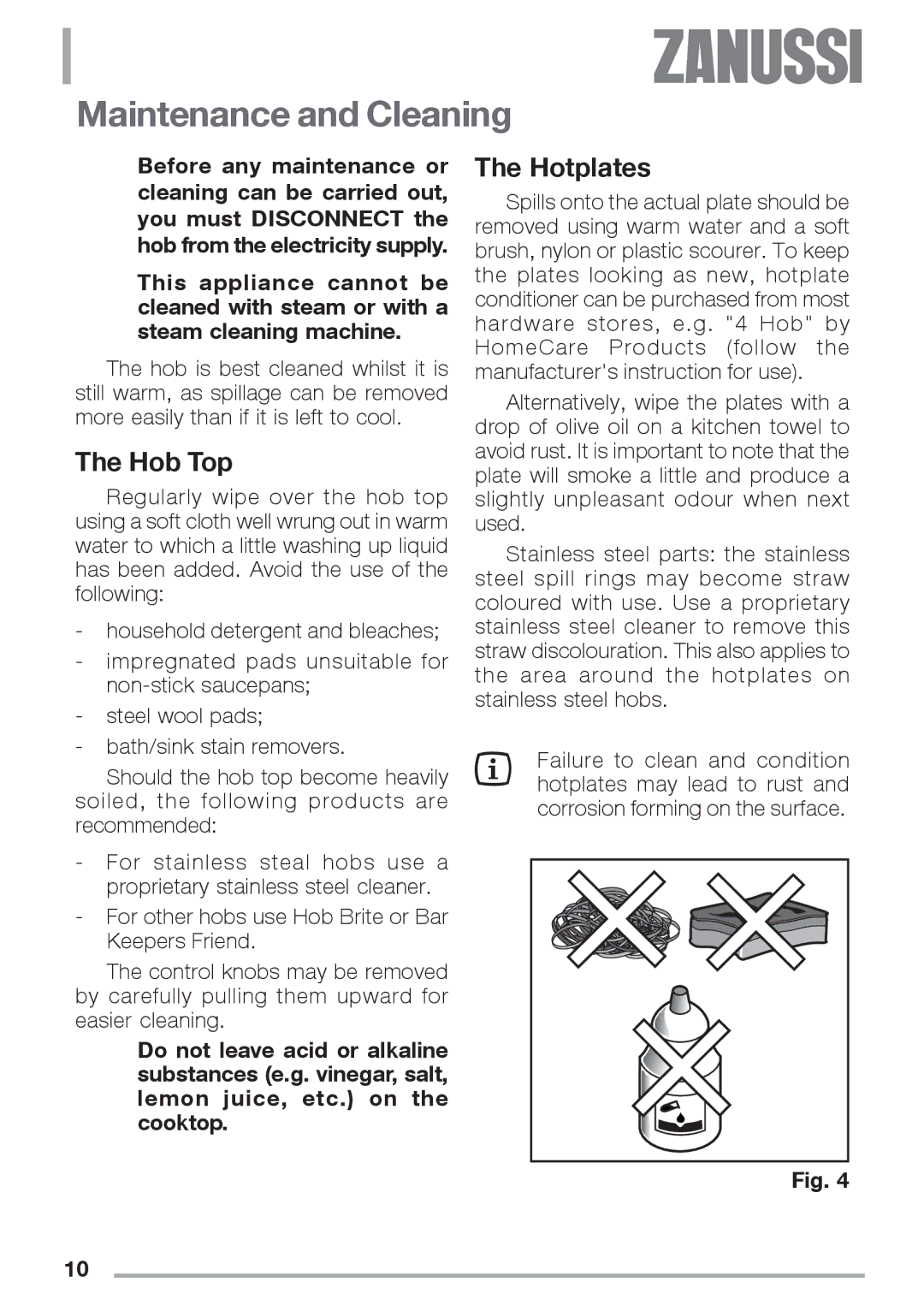 Zanussi ZES 646 manual Maintenance and Cleaning, Hob Top, Hotplates 