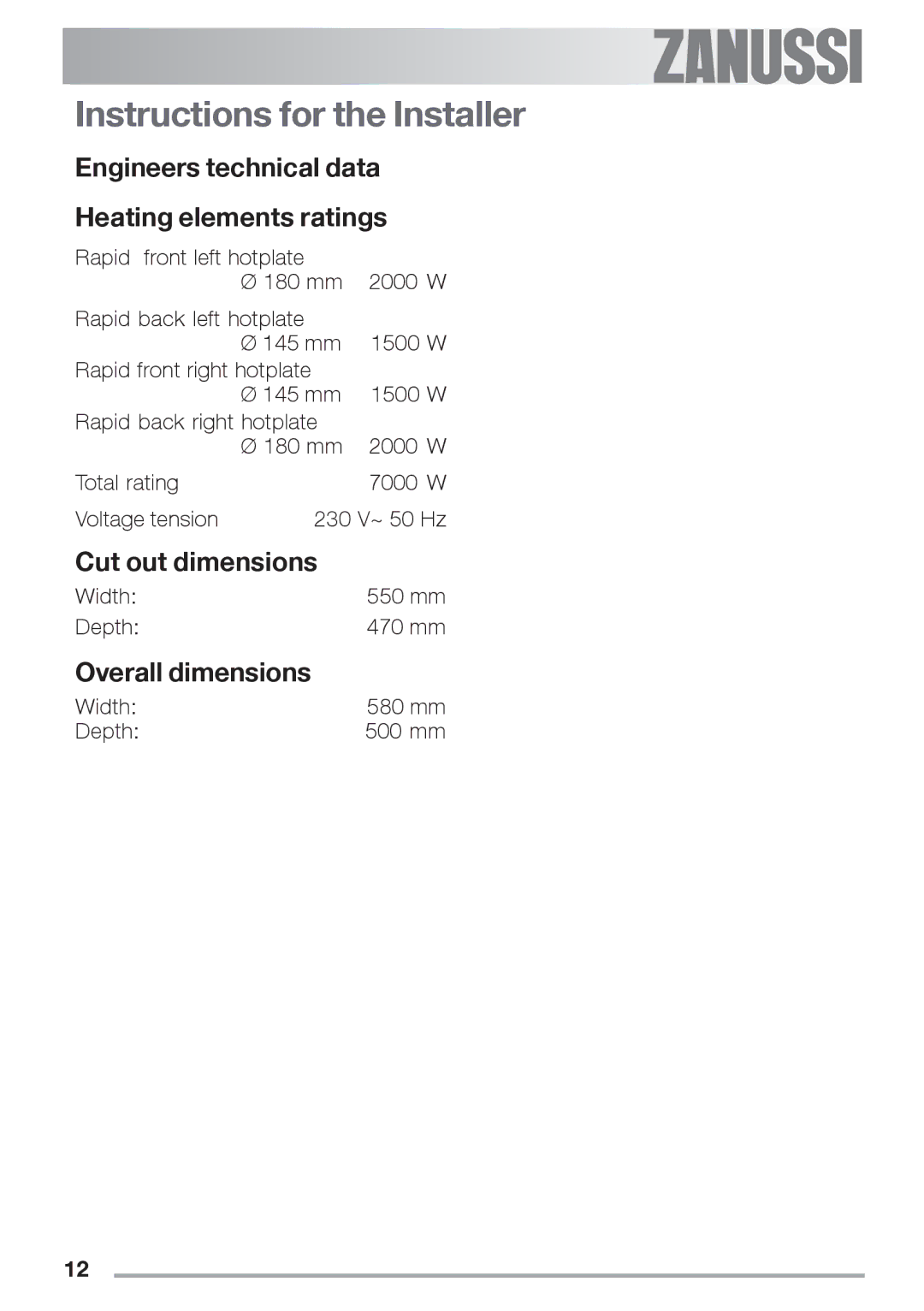 Zanussi ZES 646 Instructions for the Installer, Engineers technical data Heating elements ratings, Cut out dimensions 