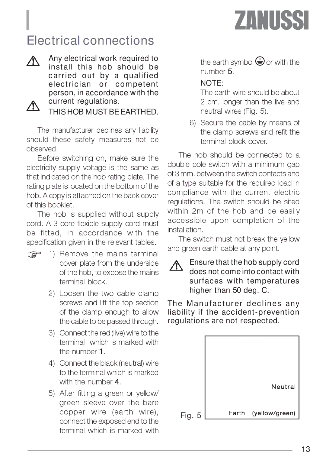 Zanussi ZES 646 manual Electrical connections, This HOB Must be Earthed 