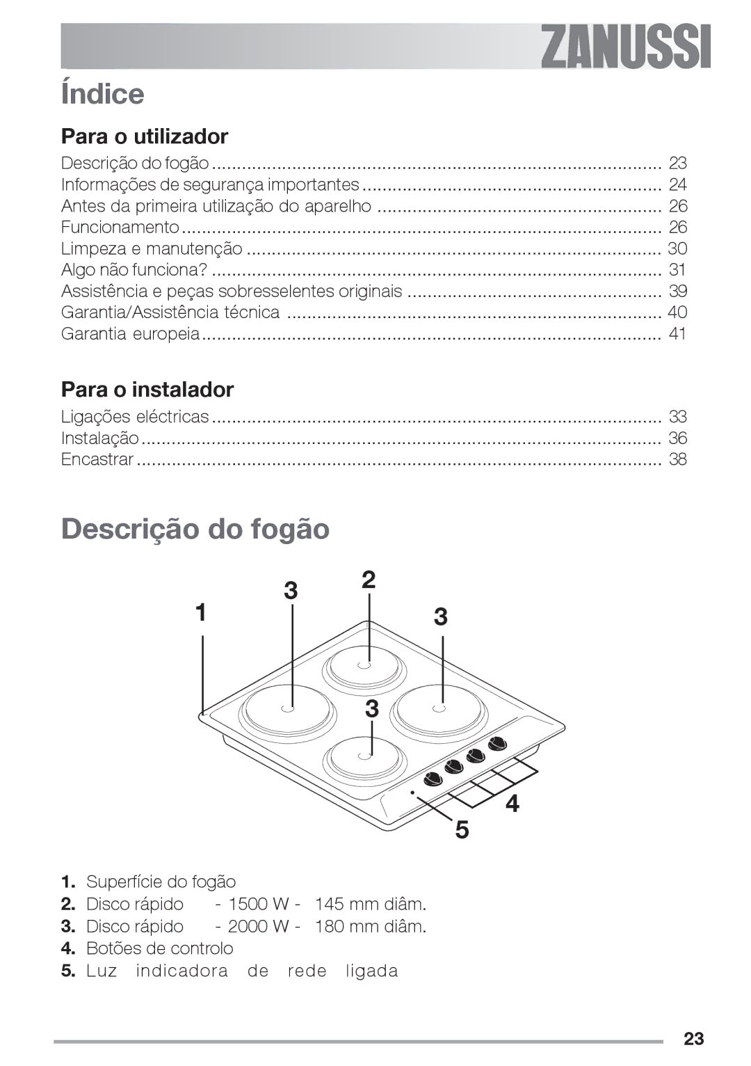 Zanussi ZES 646 manual Índice, Descrição do fogão, Para o utilizador, Para o instalador 