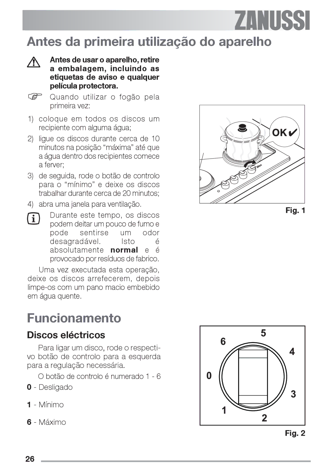 Zanussi ZES 646 manual Antes da primeira utilização do aparelho, Funcionamento, Discos eléctricos 