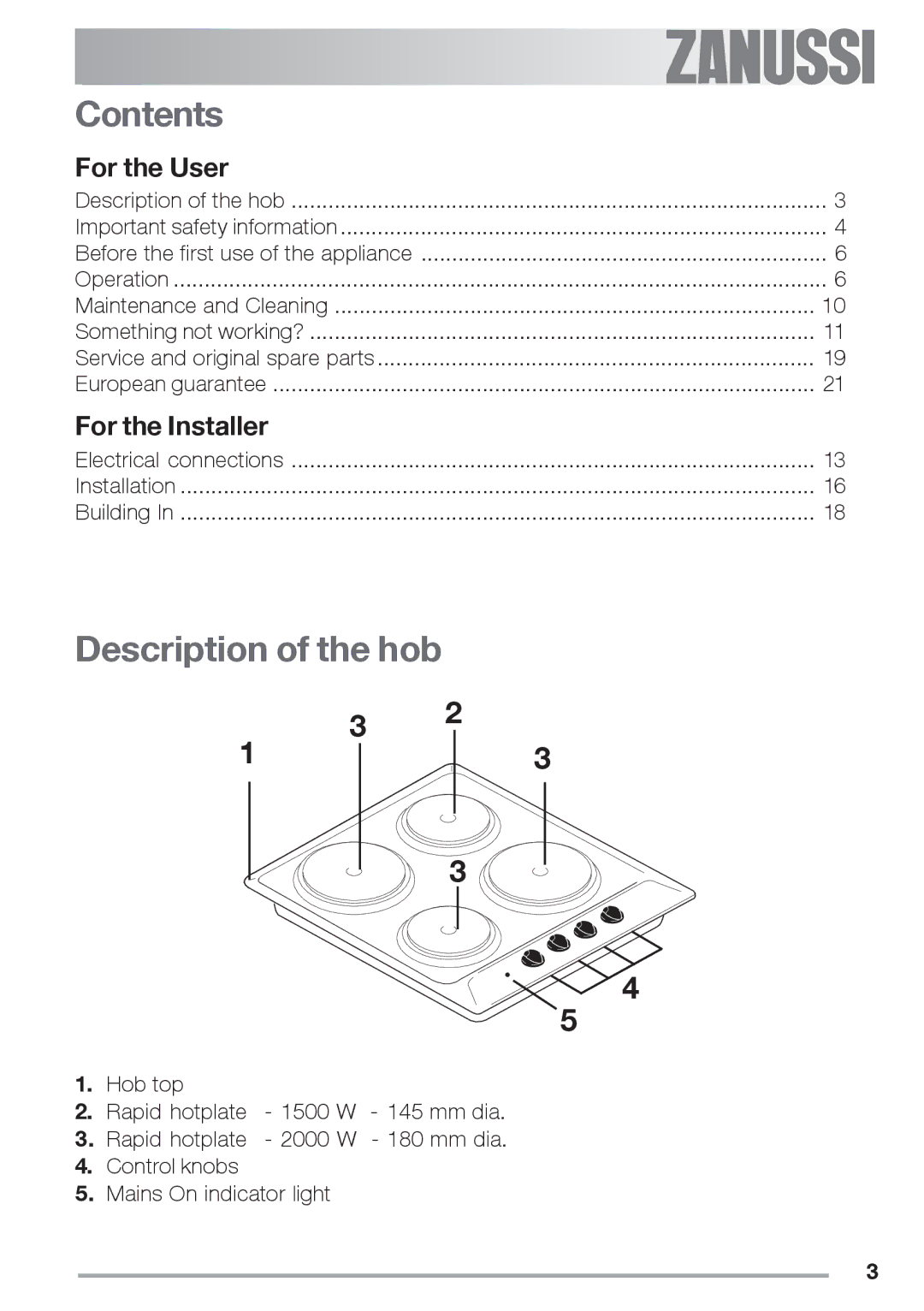 Zanussi ZES 646 manual Contents, Description of the hob 