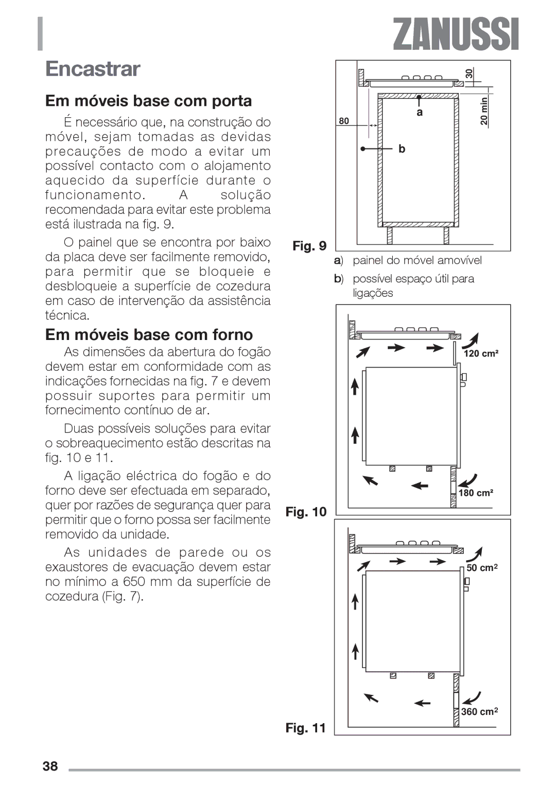 Zanussi ZES 646 manual Encastrar, Em móveis base com porta, Em móveis base com forno 