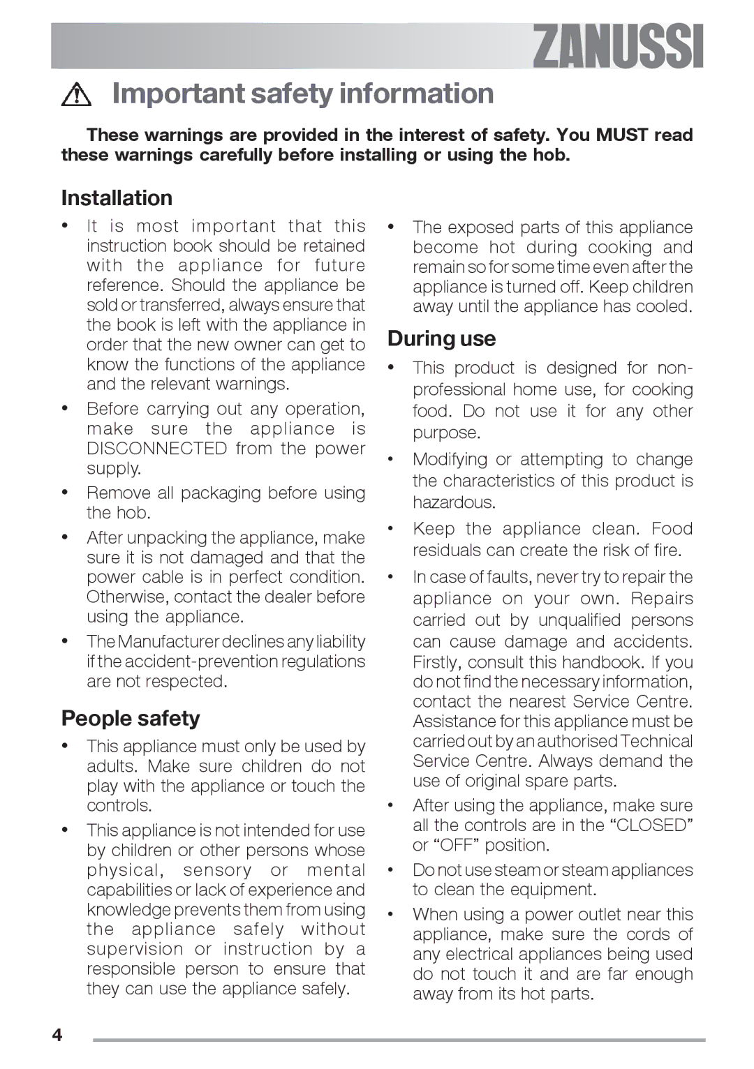 Zanussi ZES 646 manual Important safety information, Installation, People safety, During use 