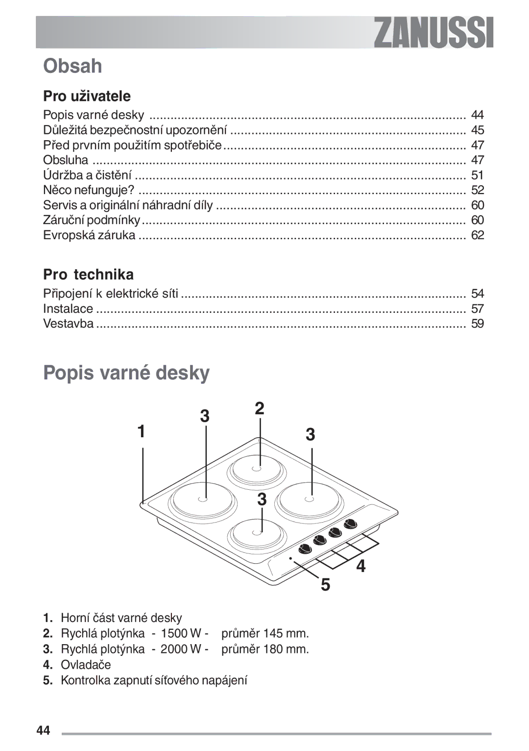 Zanussi ZES 646 manual Obsah, Popis varné desky, Pro uživatele, Pro technika 