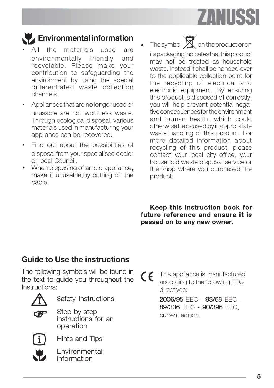 Zanussi ZES 646 manual Environmental information, Guide to Use the instructions 