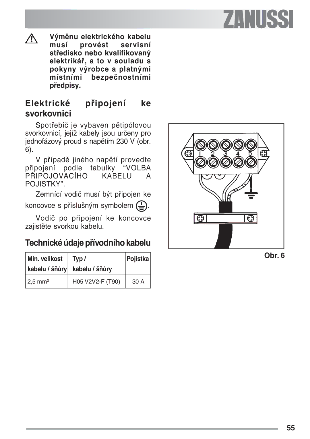 Zanussi ZES 646 manual Elektrické připojení ke svorkovnici, Technické údaje přívodního kabelu 