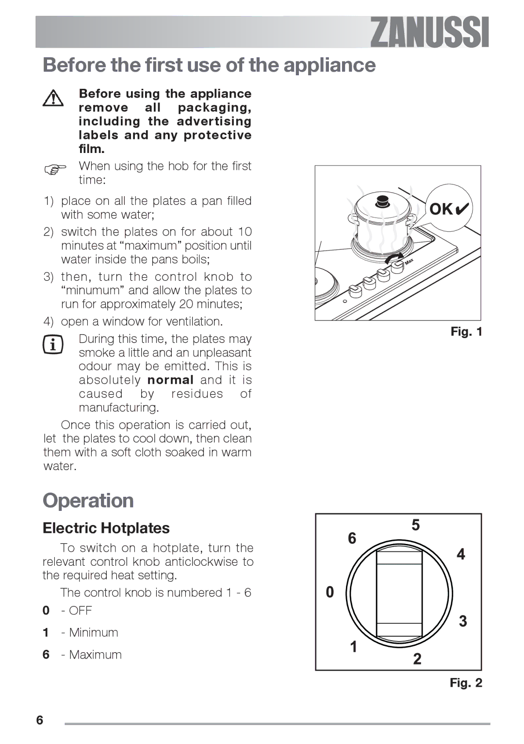 Zanussi ZES 646 manual Before the first use of the appliance, Operation, Electric Hotplates 