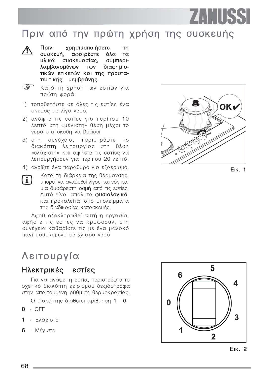 Zanussi ZES 646 manual Ðñéí áðü ôçí ðñþôç ÷ñÞóç ôçò óõóêåõÞò, Ëåéôïõñãßá, ÇëåêôñéêÝò åóôßåò 