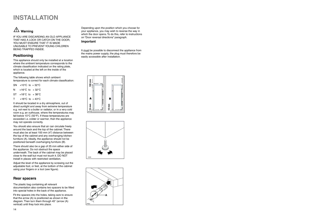 Zanussi ZETF 180 SI, ZETF 180 W manual Installation, Positioning, Rear spacers 