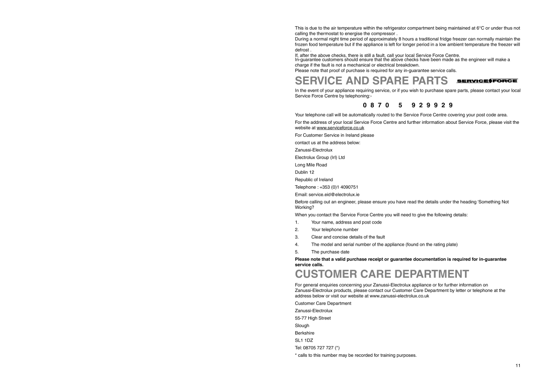 Zanussi ZETF 180 W, ZETF 180 SI manual Service And Spare Parts, Customer Care Department, 9 2 9 