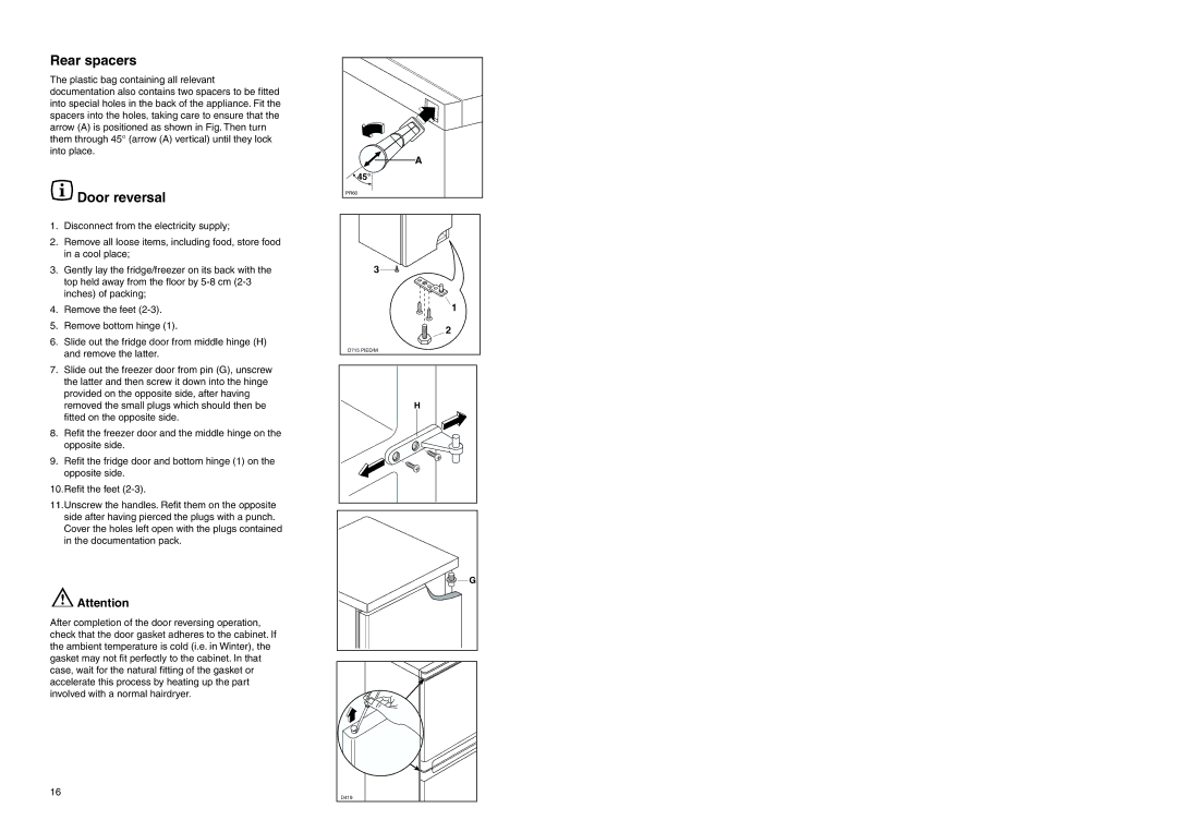 Zanussi ZETF 235 manual Rear spacers, Door reversal 