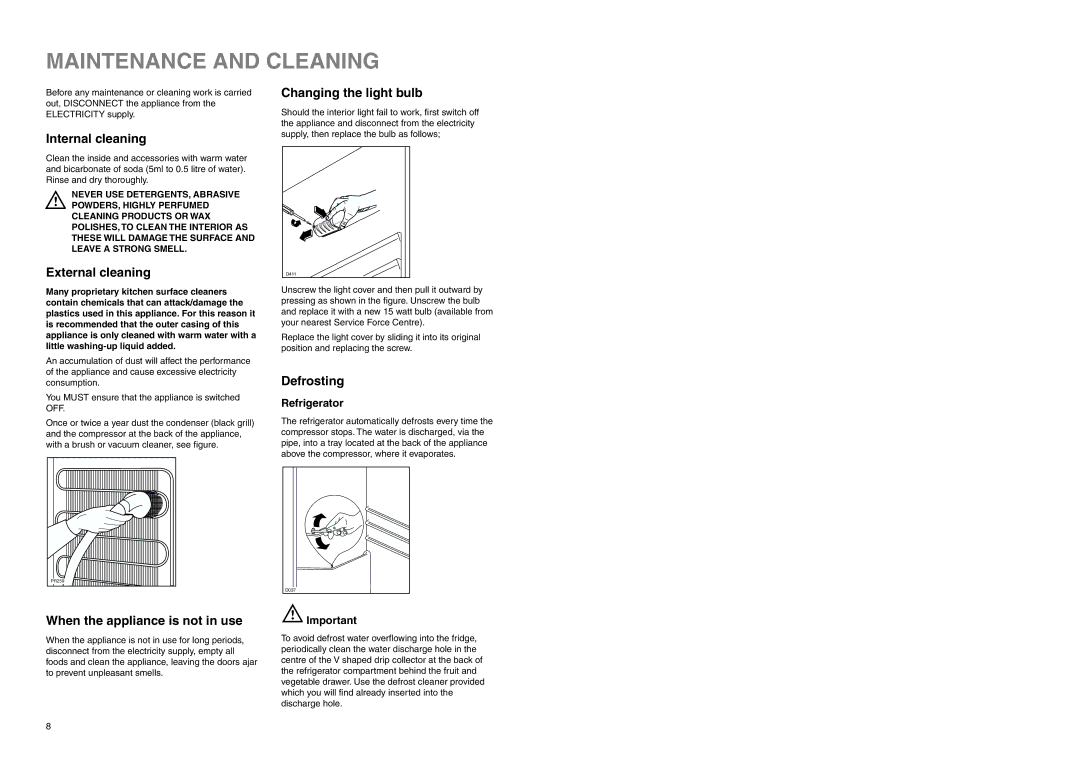 Zanussi ZETF 235 manual Maintenance and Cleaning, Internal cleaning, External cleaning, Defrosting 