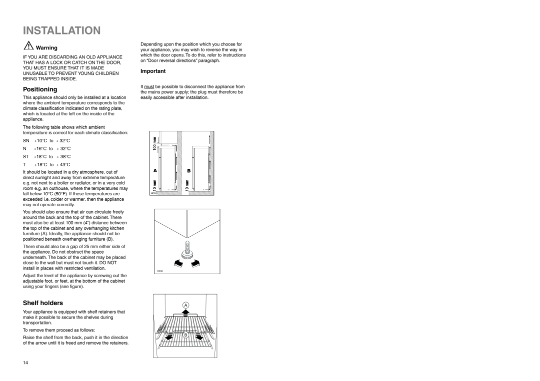 Zanussi ZETF 235 manual Installation, Positioning, Shelf holders 