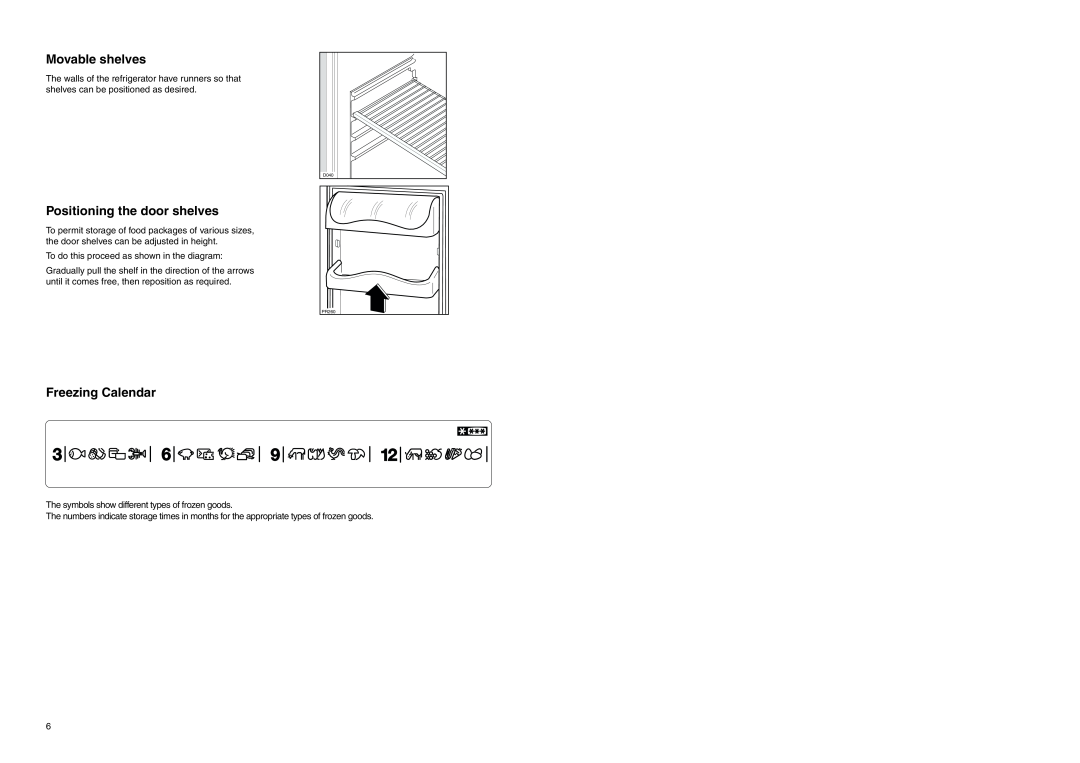 Zanussi ZETF 235 manual Movable shelves, Positioning the door shelves, Freezing Calendar 