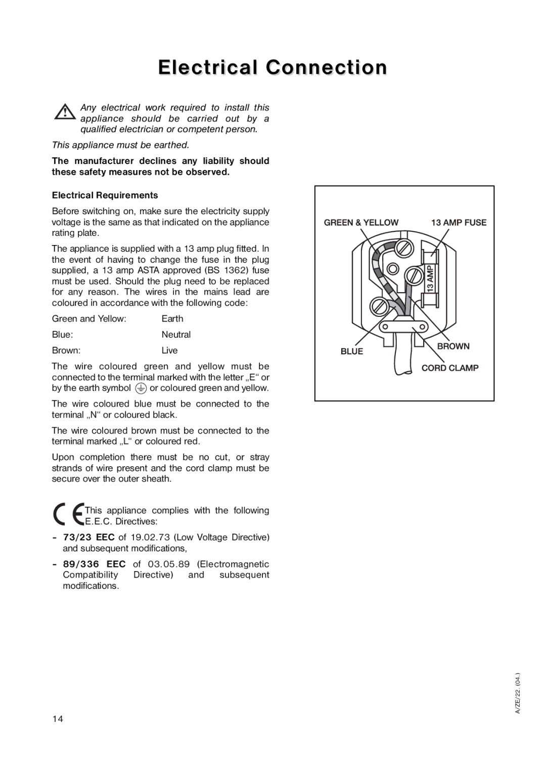 Zanussi ZEUC 0545 manual Electrical Connection, BlueNeutral BrownLive 