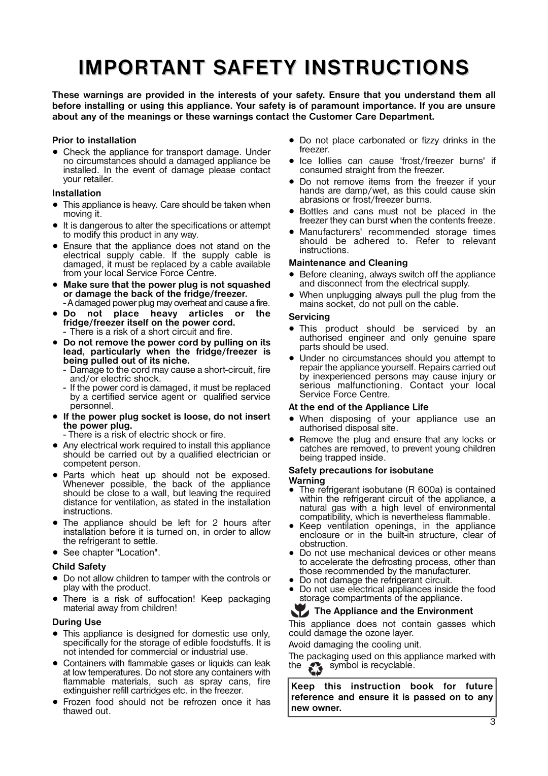 Zanussi ZEUC 0545 manual Important Safety Instructions 