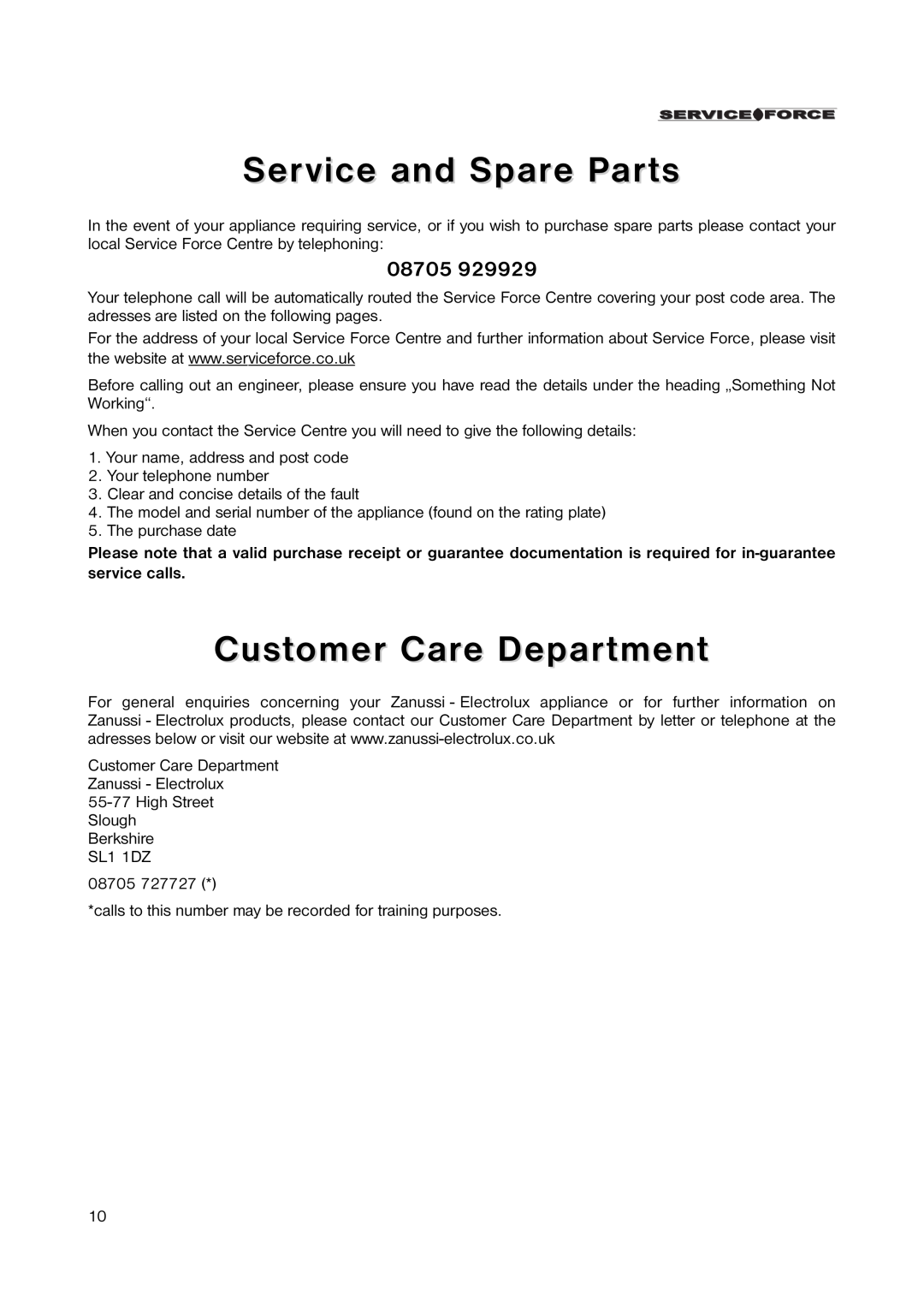 Zanussi ZEUC 0545 manual Service and Spare Parts, Customer Care Department, 08705 