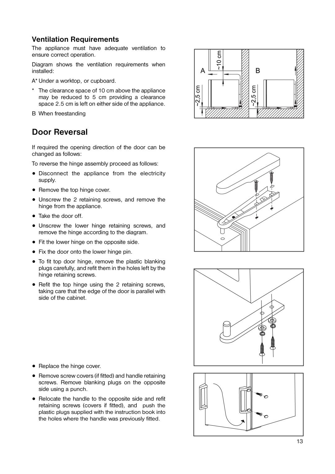 Zanussi ZEUC 0545 manual Door Reversal, Ventilation Requirements 