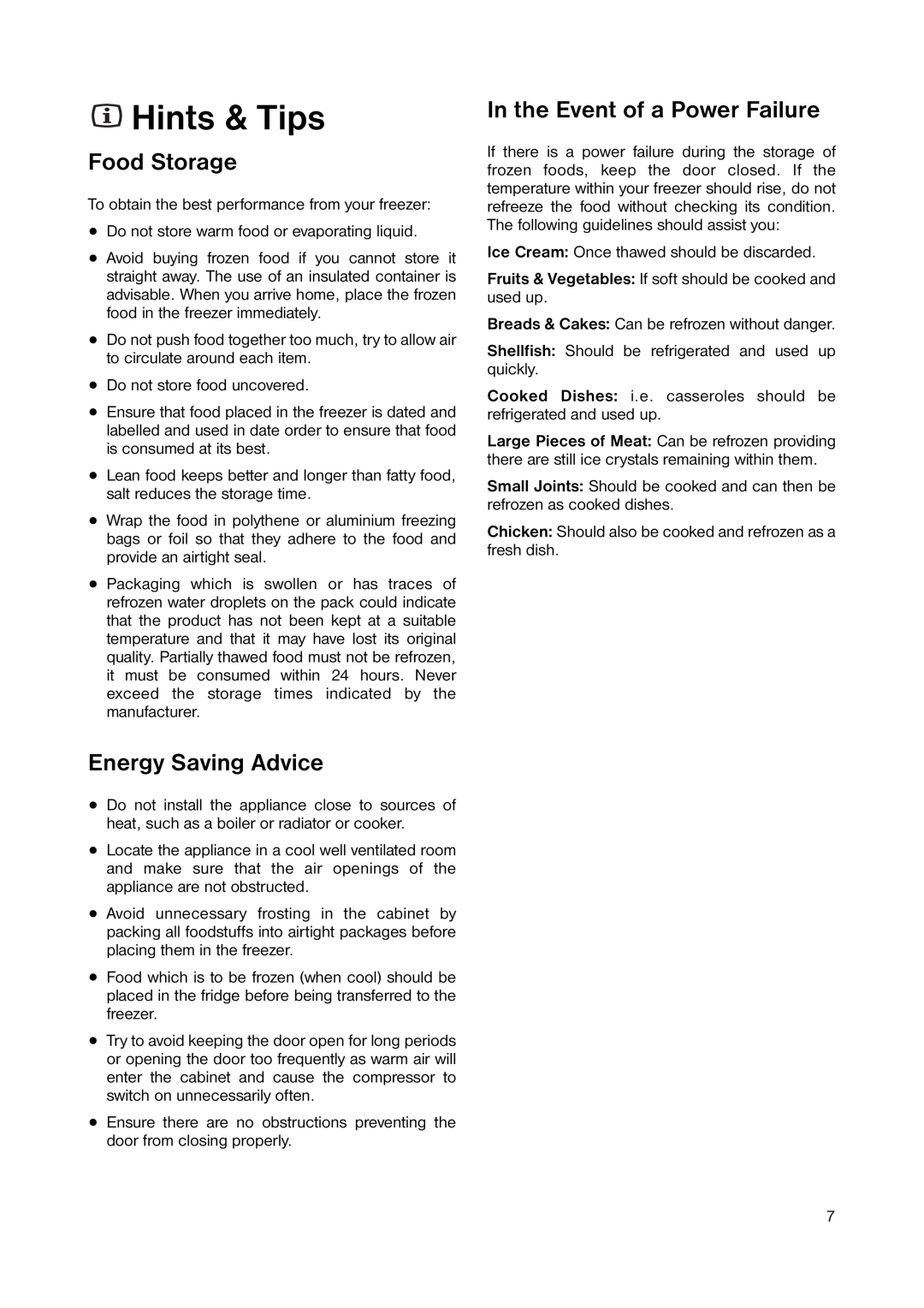 Zanussi ZEUC 0545 manual Hints & Tips, Food Storage, Energy Saving Advice, In the Event of a Power Failure 